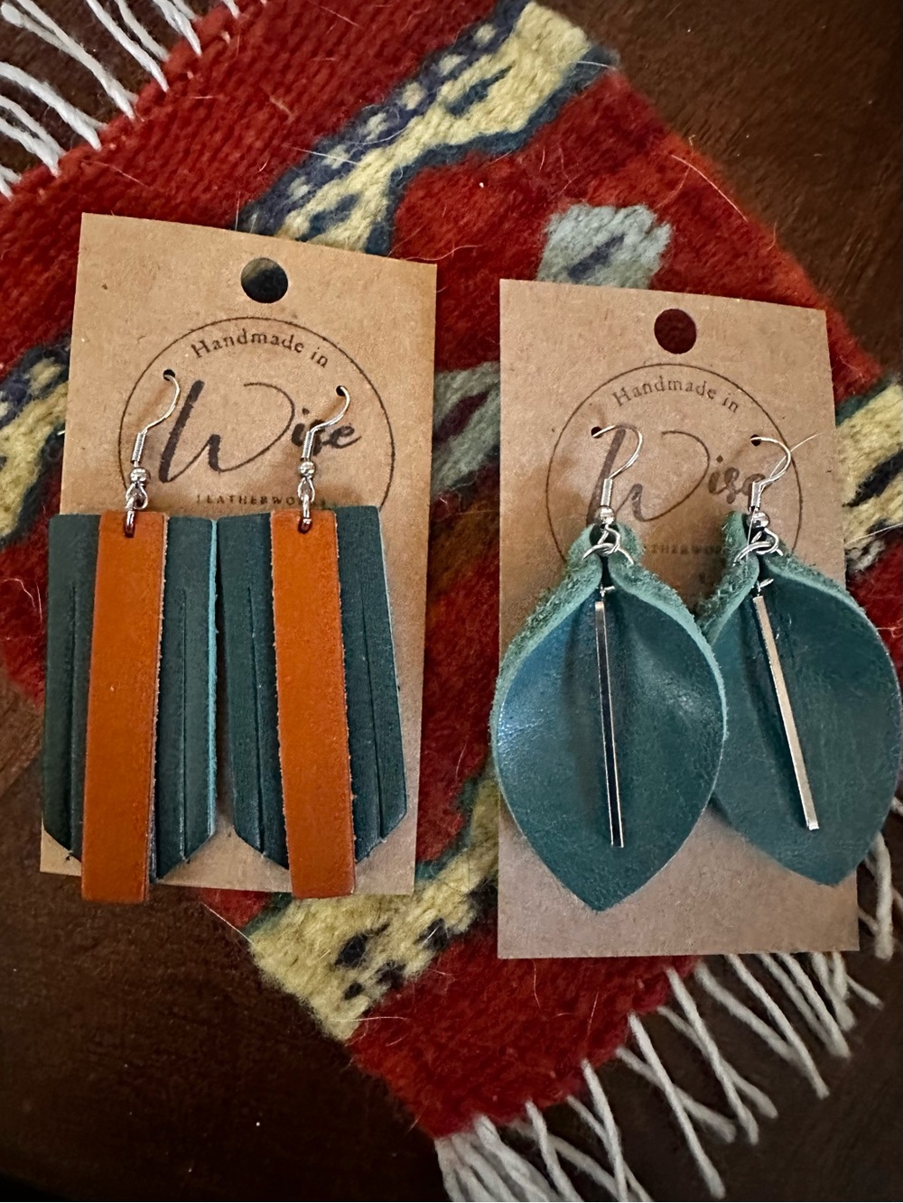 Handmade Teal and Tan Leather Earrings - Leaf & Stripe Styles